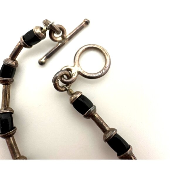 Minimalist Sterling Silver Black Onyx Ankle Bracelet 925 Beaded Toggle Boho Vtg - Picture 6 of 8